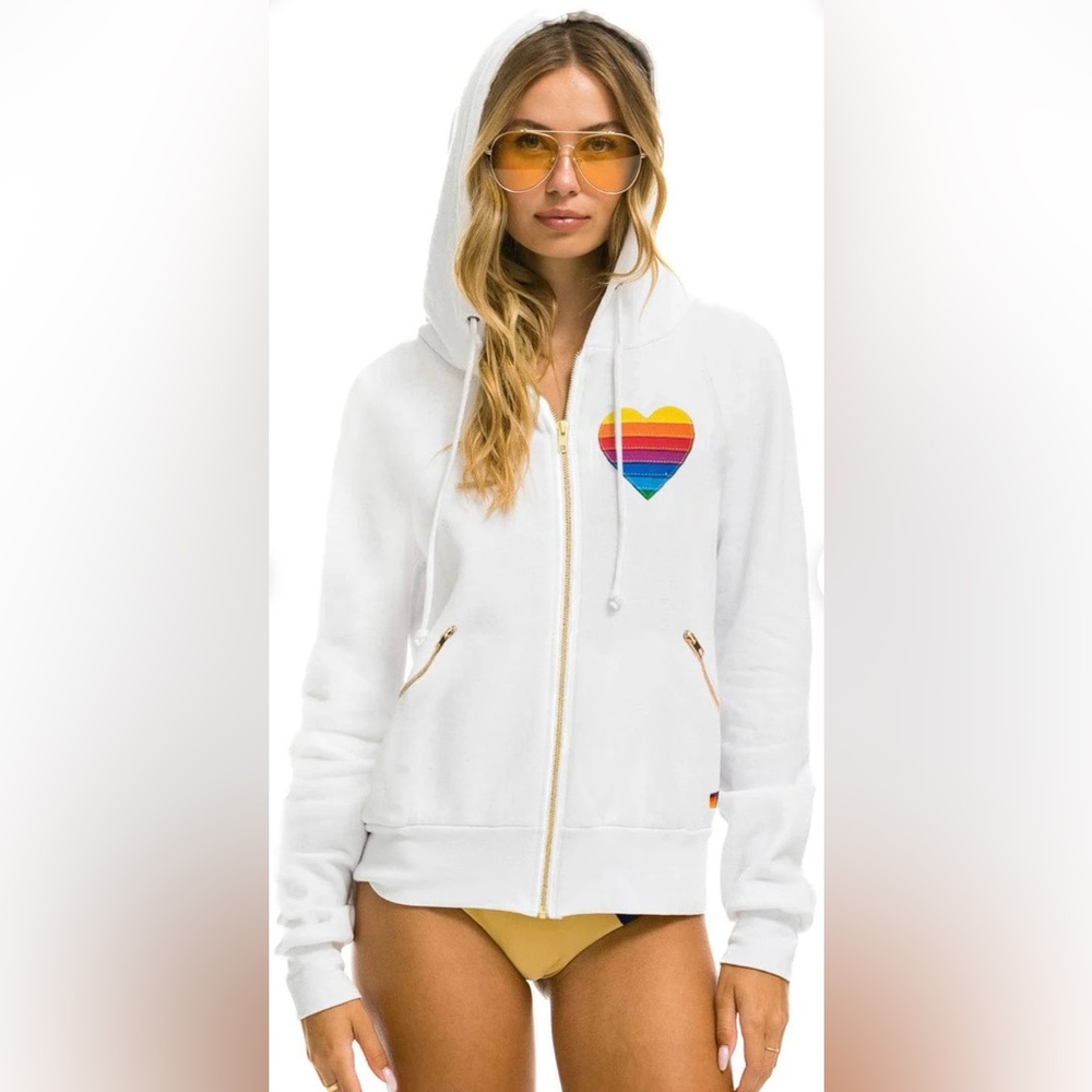 Aviator Nation Rainbow Heart Zip Hoodie White NWT USA Made Sweatshirt